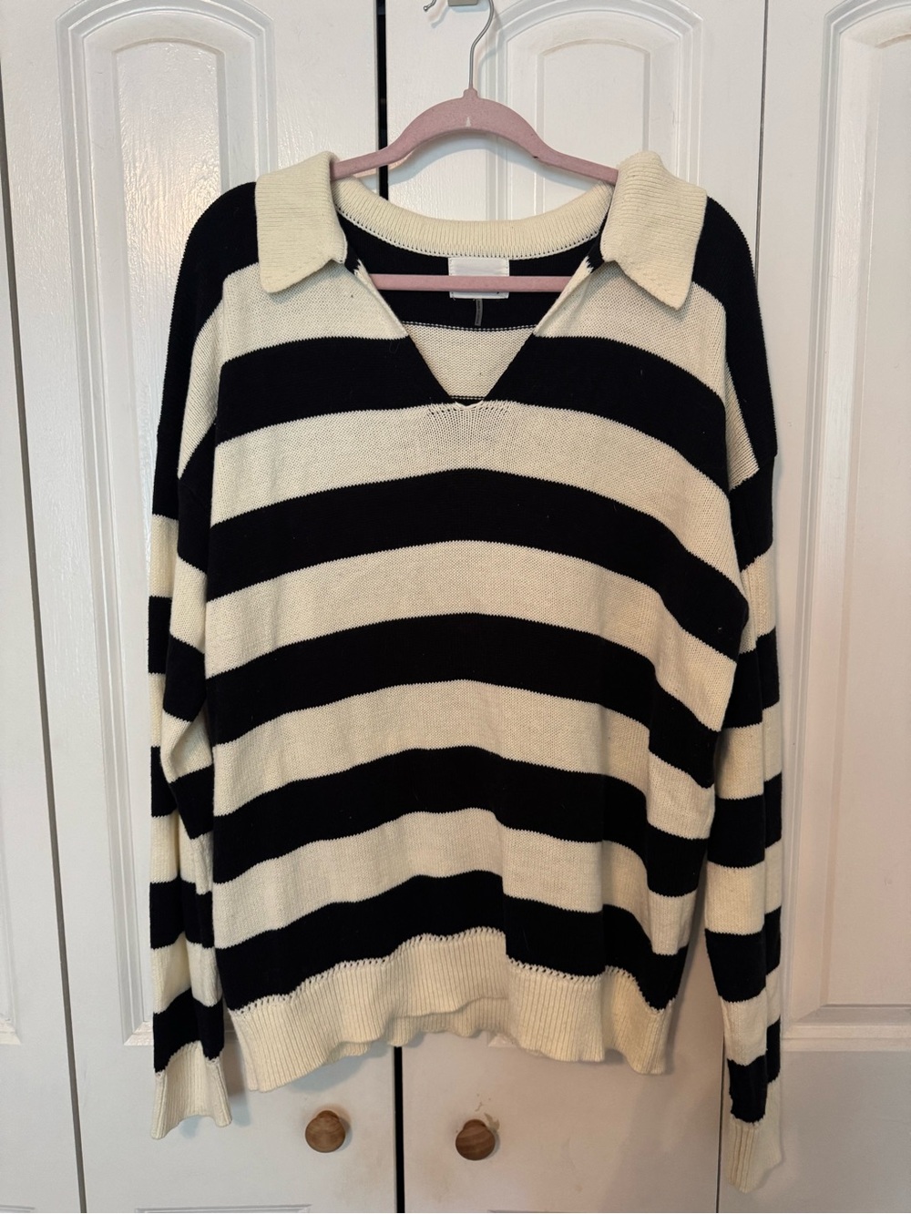 Andree Black & Cream Striped Collared V-Neck Sweater